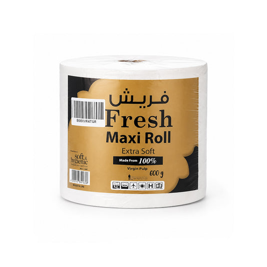 A single roll of Fresh Maxi Soft paper towels. The roll features a gold and black label with the brand name 'Soft & Systemic' and product details including 'Fresh Maxi Roll', 'Extra Soft', 'Made from 100% Virgin Pulp', and '600 g'.