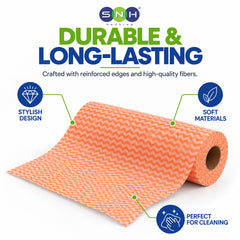 An orange and white chevron-patterned roll of cleaning towels, with promotional text and callout icons for stylish design, soft materials, durable and long-lasting quality, and suitability for cleaning. The SNH Racing logo is visible at the top.