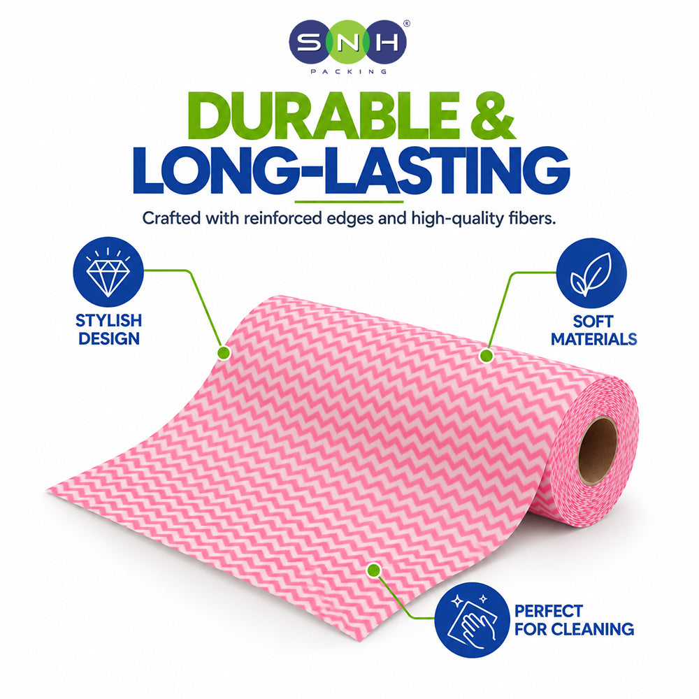 Pink and white chevron-patterned cleaning towels from SNH Pacing, shown as a rolled-up sheet with a second sheet unrolled. The image features marketing text and callouts highlighting its durable, long-lasting quality, stylish design, soft materials, and suitability for cleaning.
