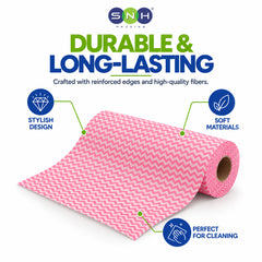 Pink and white chevron-patterned cleaning towels from SNH Pacing, shown as a rolled-up sheet with a second sheet unrolled. The image features marketing text and callouts highlighting its durable, long-lasting quality, stylish design, soft materials, and suitability for cleaning.