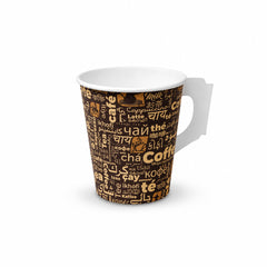 A white ceramic coffee mug with a brown and beige coffee-themed word cloud pattern on the exterior