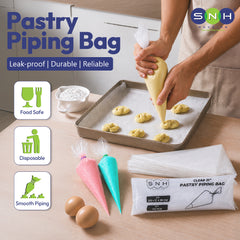 Person using a pastry piping bag to decorate pastries on a baking sheet, with SNH Pastry Bags packaging and ingredients displayed.