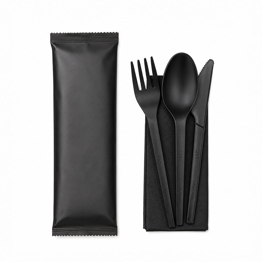 SNH PLA cutlery wrapped black spoon fork knife napkin set UAE