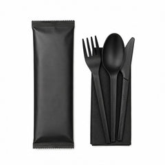SNH PLA cutlery wrapped black spoon fork knife napkin set UAE
