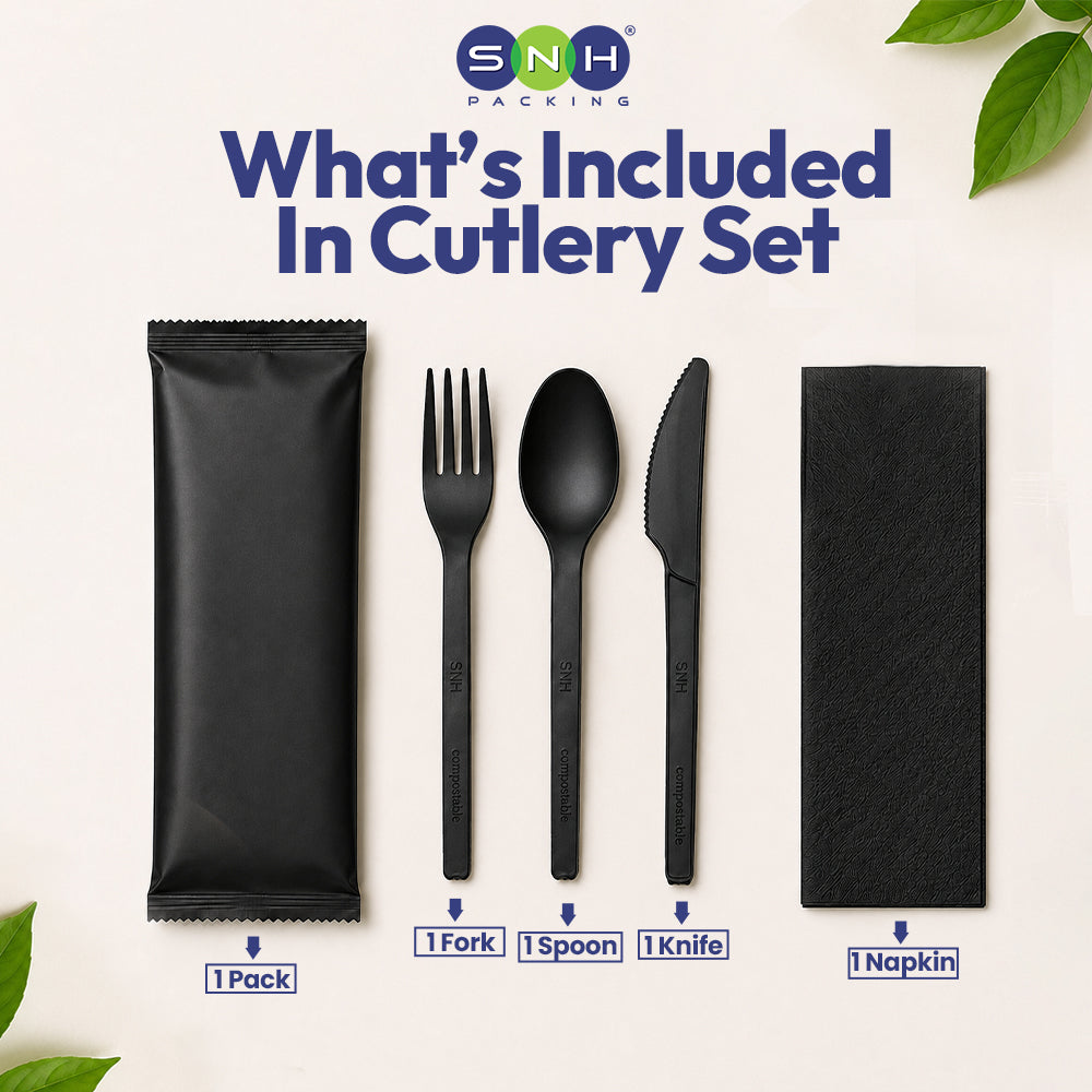 SNH PLA cutlery wrapped black biodegradable cutlery set UAE