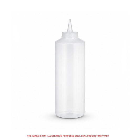 A clear plastic squeeze bottle with a pointed nozzle cap with small red disclaimer text at the bottom.