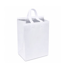 A white reusable tote bag with dual top handles and a silver reflective lining visible inside, shown on a plain white background.