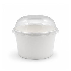 A white paper food container with a clear plastic dome lid
