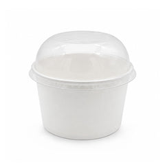 A white plastic food container with a clear plastic dome lid
