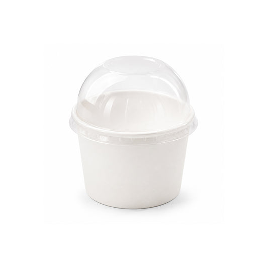 A small white plastic cup with a clear dome lid