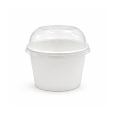 A white paper food container with a clear plastic dome lid
