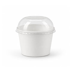 A white paper food container with a clear plastic dome lid