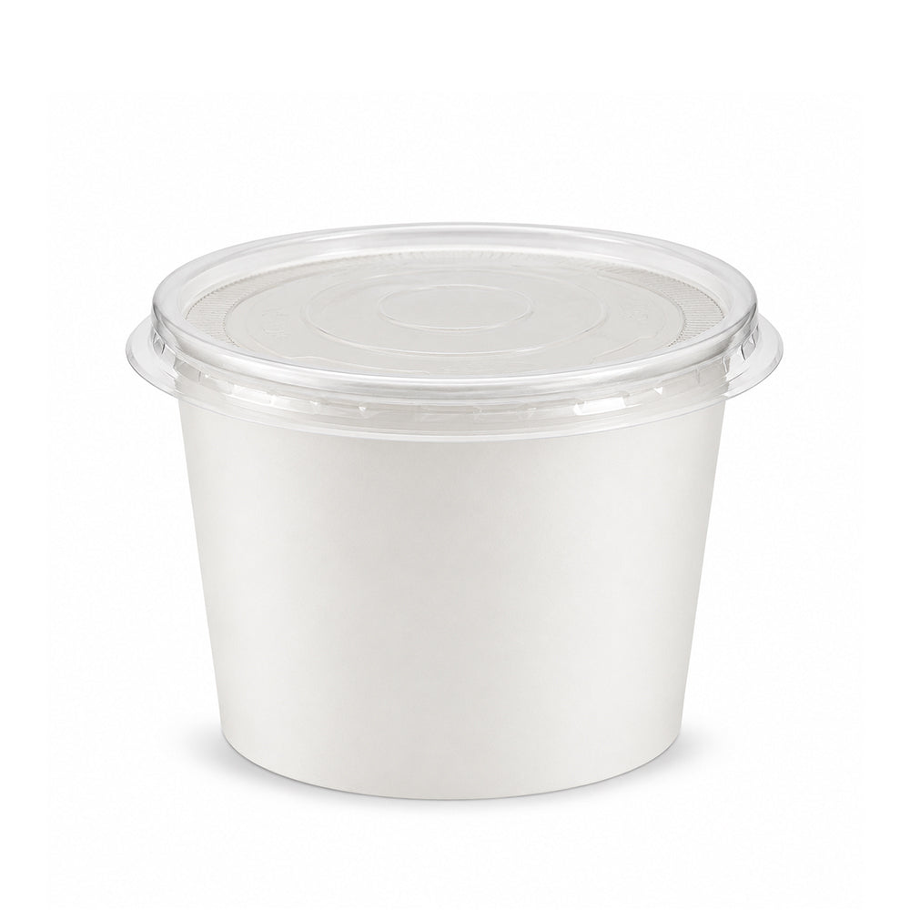 A white plastic food storage container with a clear plastic lid
