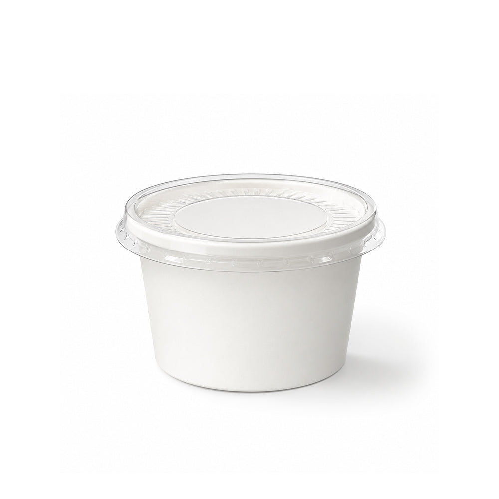 A small white plastic food storage container with a clear plastic screw-top lid