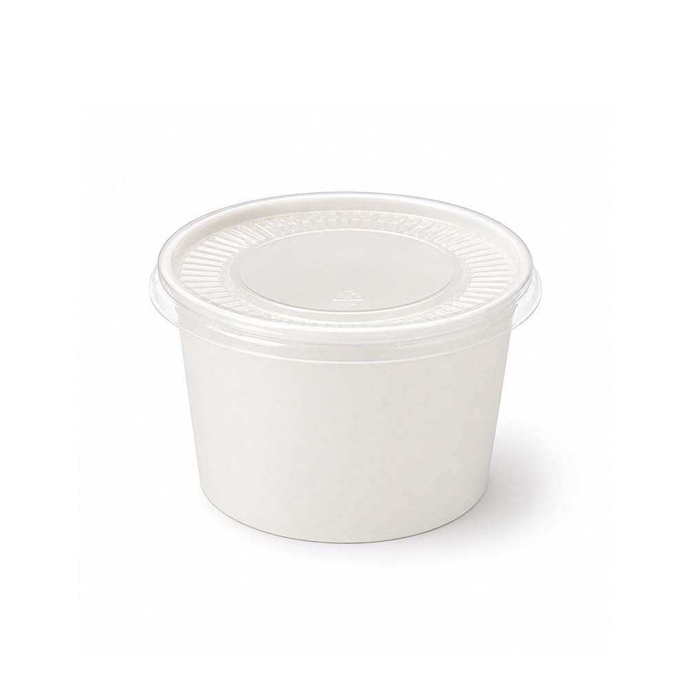 A white plastic food storage container with a matching screw-on lid