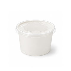 A white plastic food storage container with a matching screw-on lid