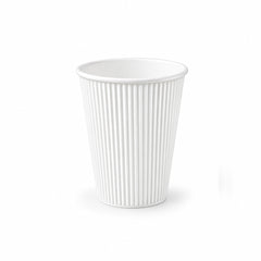 A white paper coffee cup with vertical fluted ridges