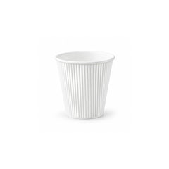 A white paper cup with vertical fluted ridges