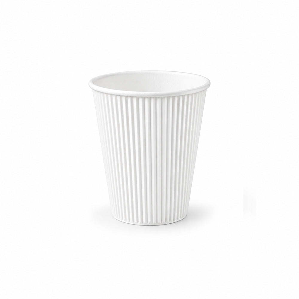 A white paper coffee cup with vertical fluted ridges