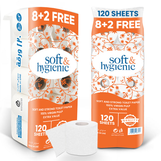 Two packages of soft and hygienic toilet paper with a roll in front on a white background