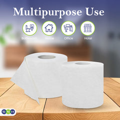 Two rolls of paper towels on a wooden surface with icons and text indicating their multipurpose use.