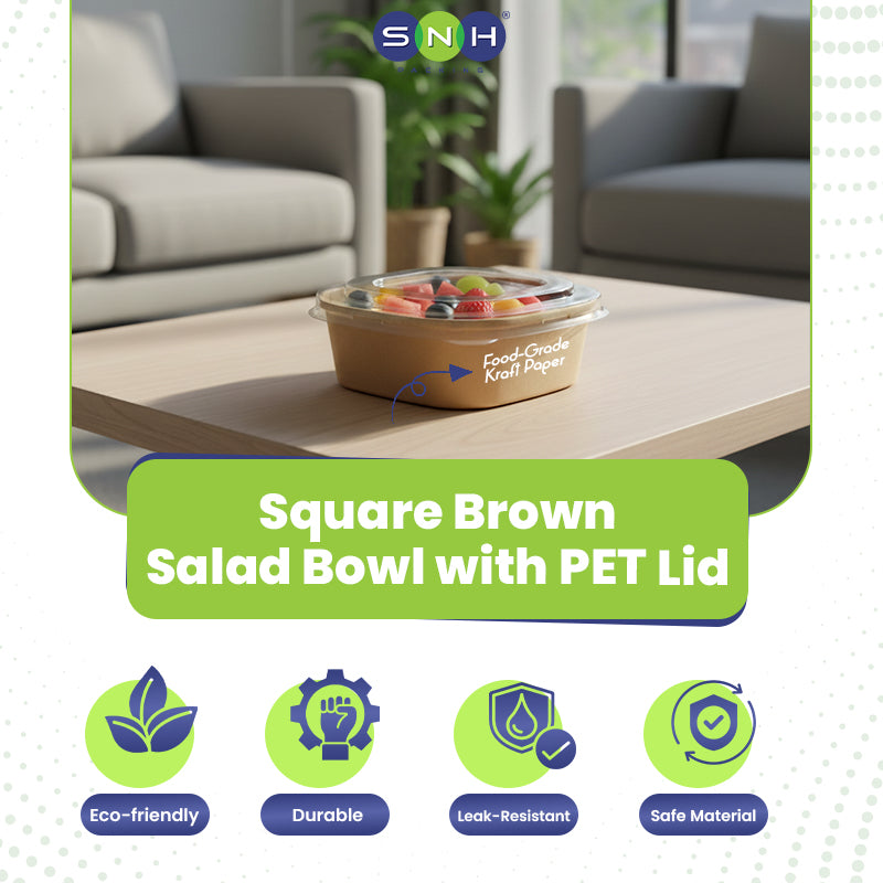 Square brown salad bowl with PET lid on a table in a living room setting, featuring SNH branding.