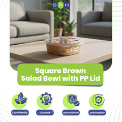 Square brown salad bowl with PP lid on a table in a living room setting, featuring SNH branding.