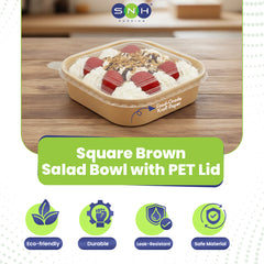 Square brown salad bowl with PET lid on a wooden surface, featuring SNH Packaging logo.