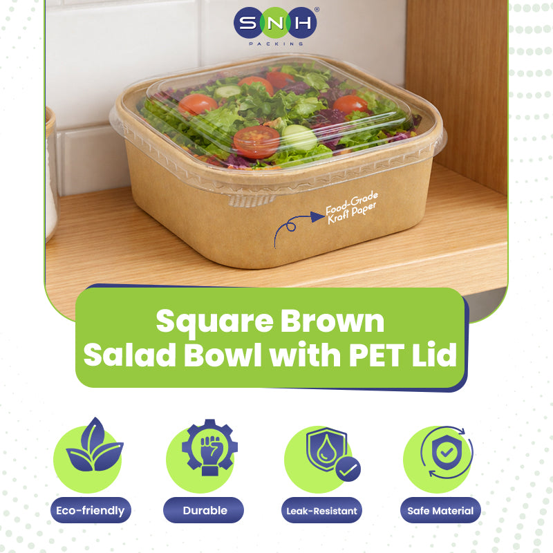 Square brown salad bowl with PET lid containing salad, displayed on a shelf.