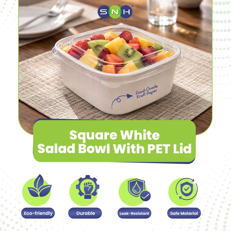 Square White Salad Bowl with PET Lid 400ml to 1200ml - SNH Packing