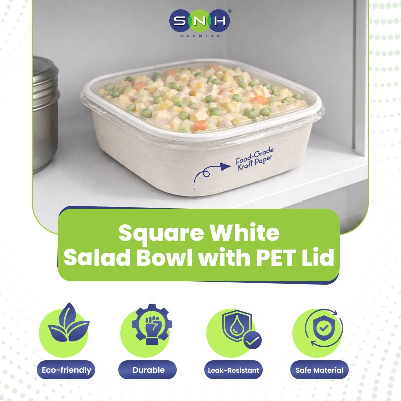 Square White Salad Bowl with PET Lid 400ml to 1200ml - SNH Packing