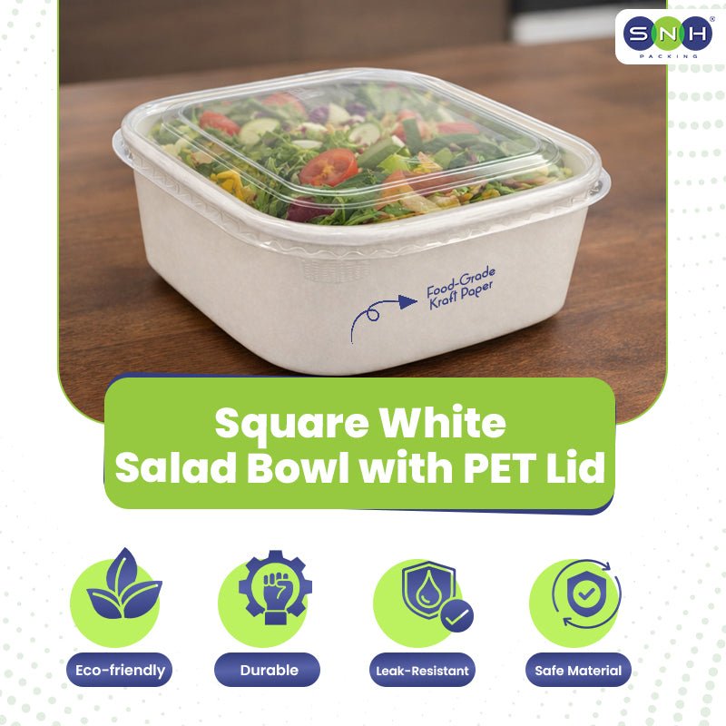 Square White Salad Bowl with PET Lid 400ml to 1200ml - SNH Packing