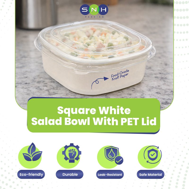 Square White Salad Bowl with PET Lid 400ml to 1200ml - SNH Packing