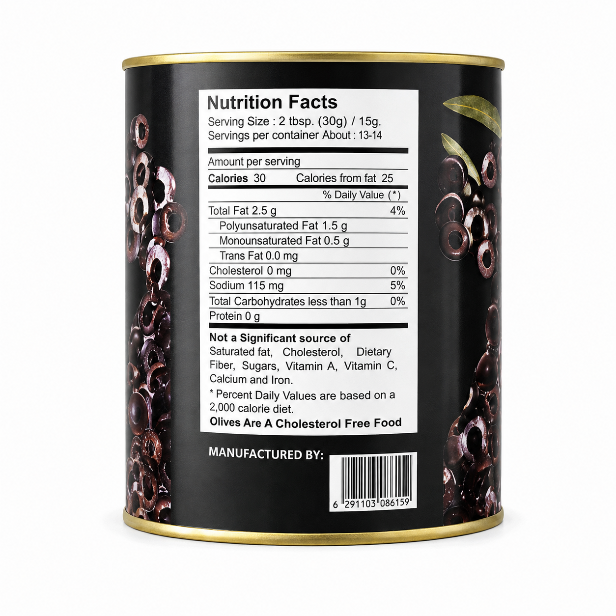 Back view of a black canister of olive oil with gold metal rims, showing the detailed Nutrition Facts label and illustrations of whole olives