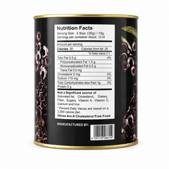 Back view of a black canister of olive oil with gold metal rims, showing the detailed Nutrition Facts label and illustrations of whole olives