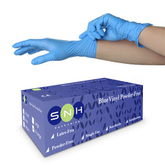 Box of blue vinyl gloves with a person wearing a glove, SNH branding visible