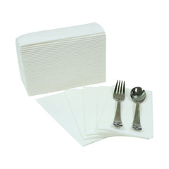 A fan-like spread of black premium airlaid napkins with a fork and spoon placed on top, against a white background.
