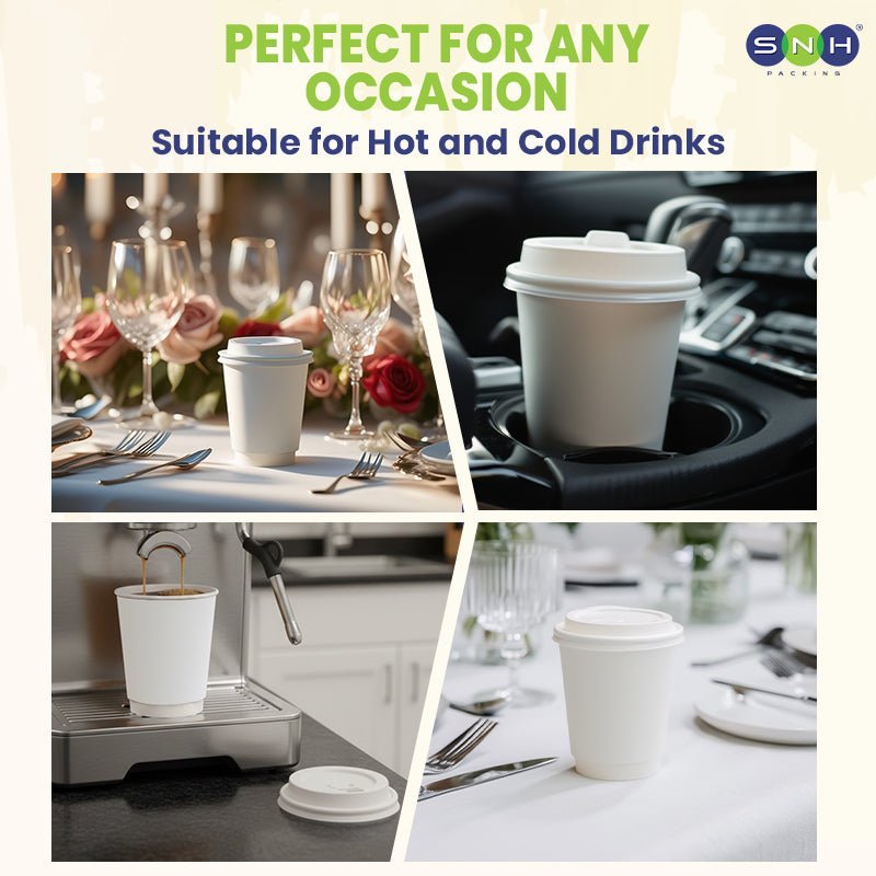White Double Wall Paper Cups with Bagasse Lids 8 OZ 12 OZ - SNH Packing