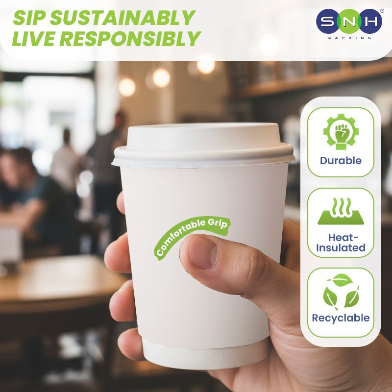 White Double Wall Paper Cups with Bagasse Lids 8 OZ 12 OZ - SNH Packing