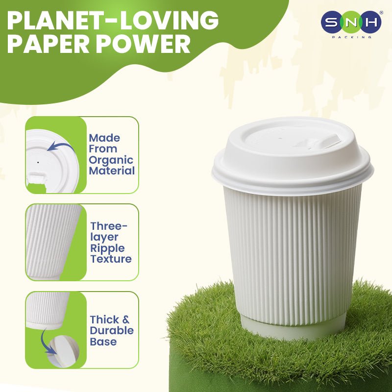 White Ripple Wall Paper Cup with Bagasse Lid - SNH Packing