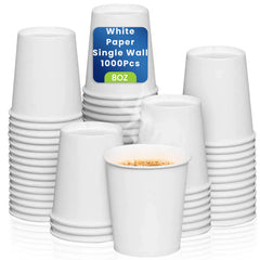 White paper single wall cups with a label indicating quantity on a white background
