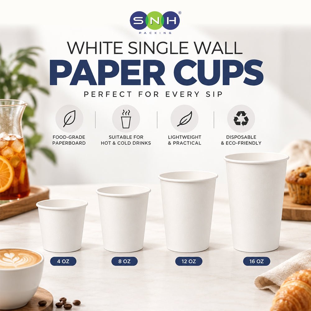 White Single Wall Paper Cups 4oz to 16oz Disposable Beverage Cups - SNH Packing
