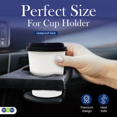 Hand holding a coffee cup in a car cup holder with text 'Perfect Size For Cup Holder' and 'SNH' branding.