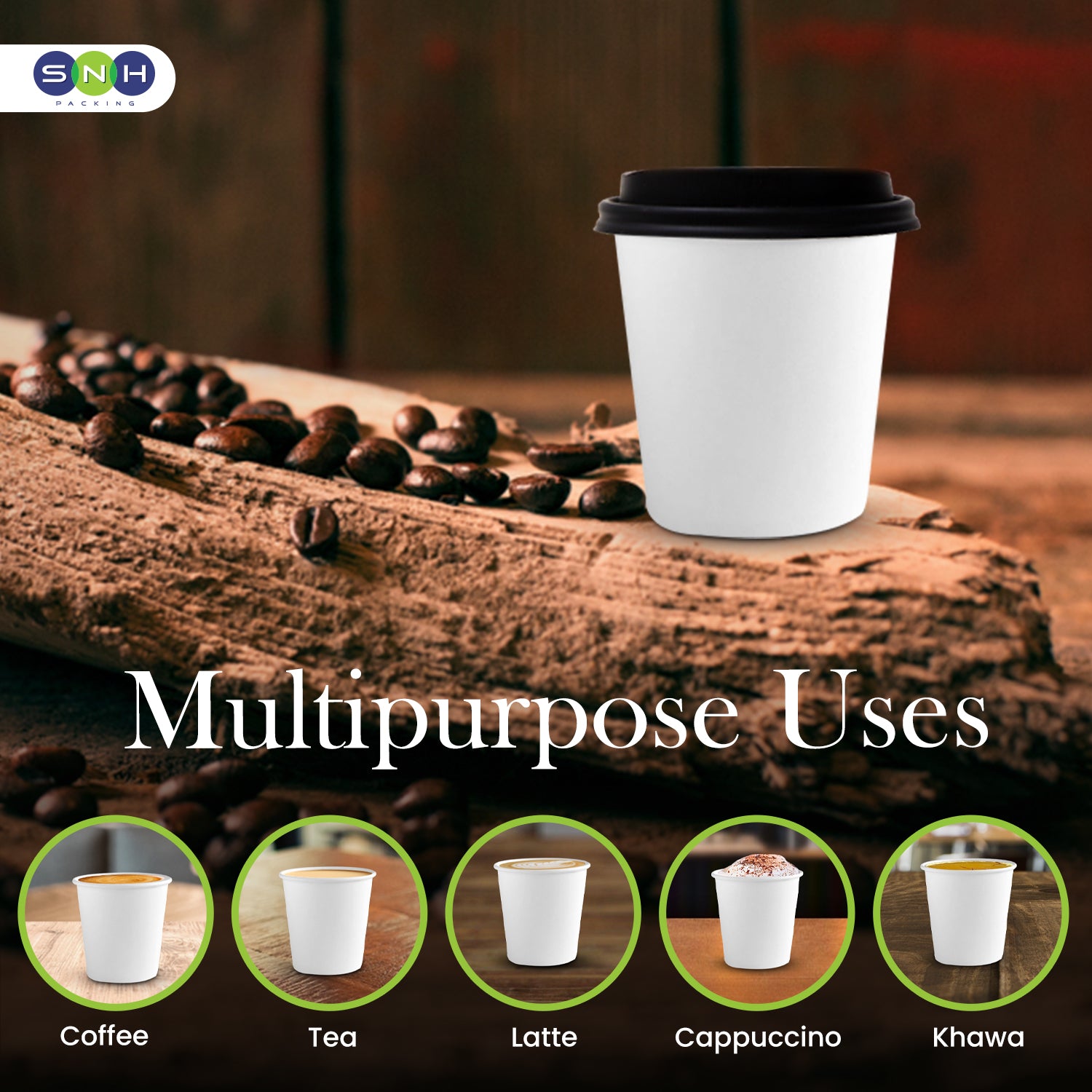 White coffee cup with black lid on a wooden surface with coffee beans, surrounded by images of the cup used for different beverages.