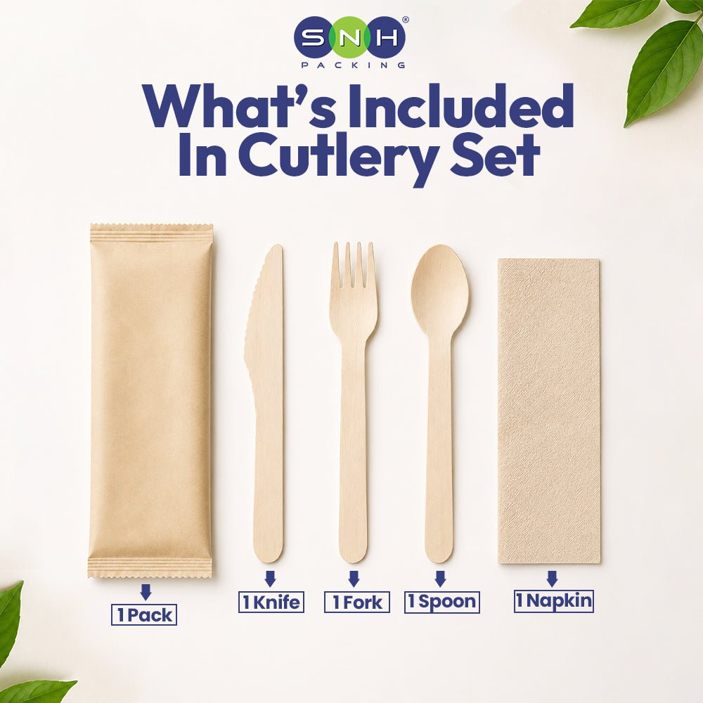 Wooden Cutlery Pack 4 in 1 Spoon Fork Knife Napkin - SNH Packing