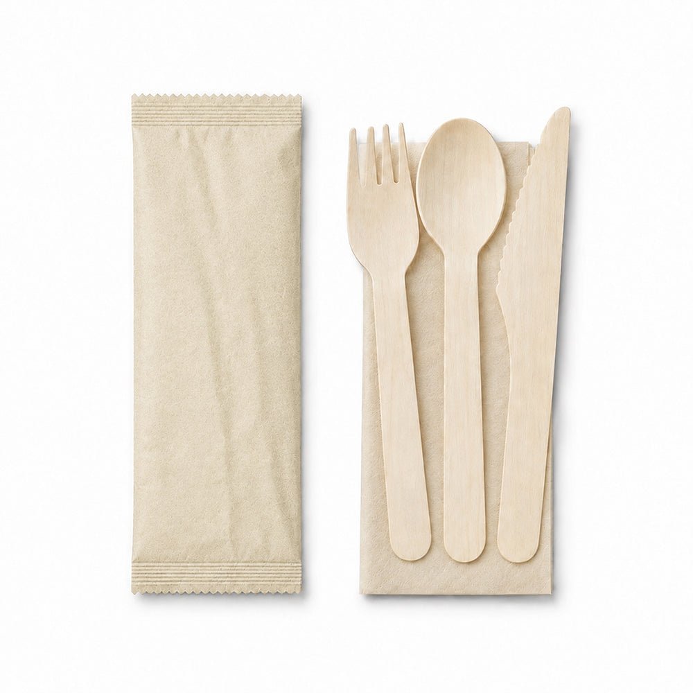 Wooden Cutlery Pack 4 in 1 Spoon Fork Knife Napkin - SNH Packing