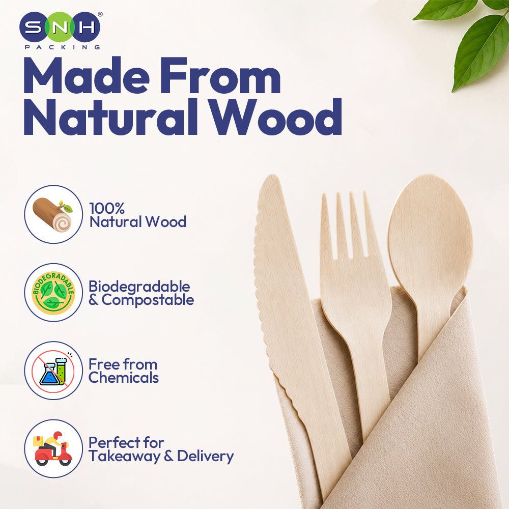 Wooden Cutlery Pack 4 in 1 Spoon Fork Knife Napkin - SNH Packing