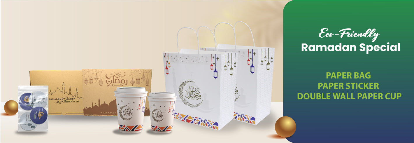 SNH Packing Ramadan Paper Bag, Double Wall Paper Cup, Paper Sticker Round and Ramadan Paper Meal Box