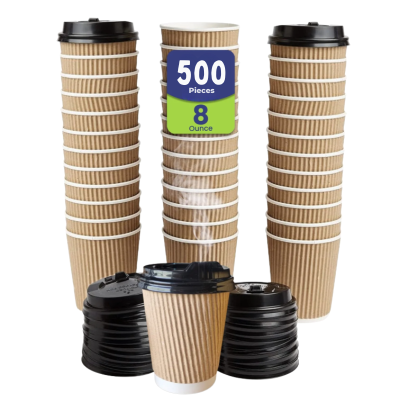 Kraft Ripple Wall Brown Paper Cups with Black Lids –4oz/8oz/12oz (500 & 1000 Pcs)