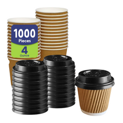 Kraft Ripple Wall Brown Paper Cups with Black Lids –4oz/8oz/12oz (500 & 1000 Pcs)